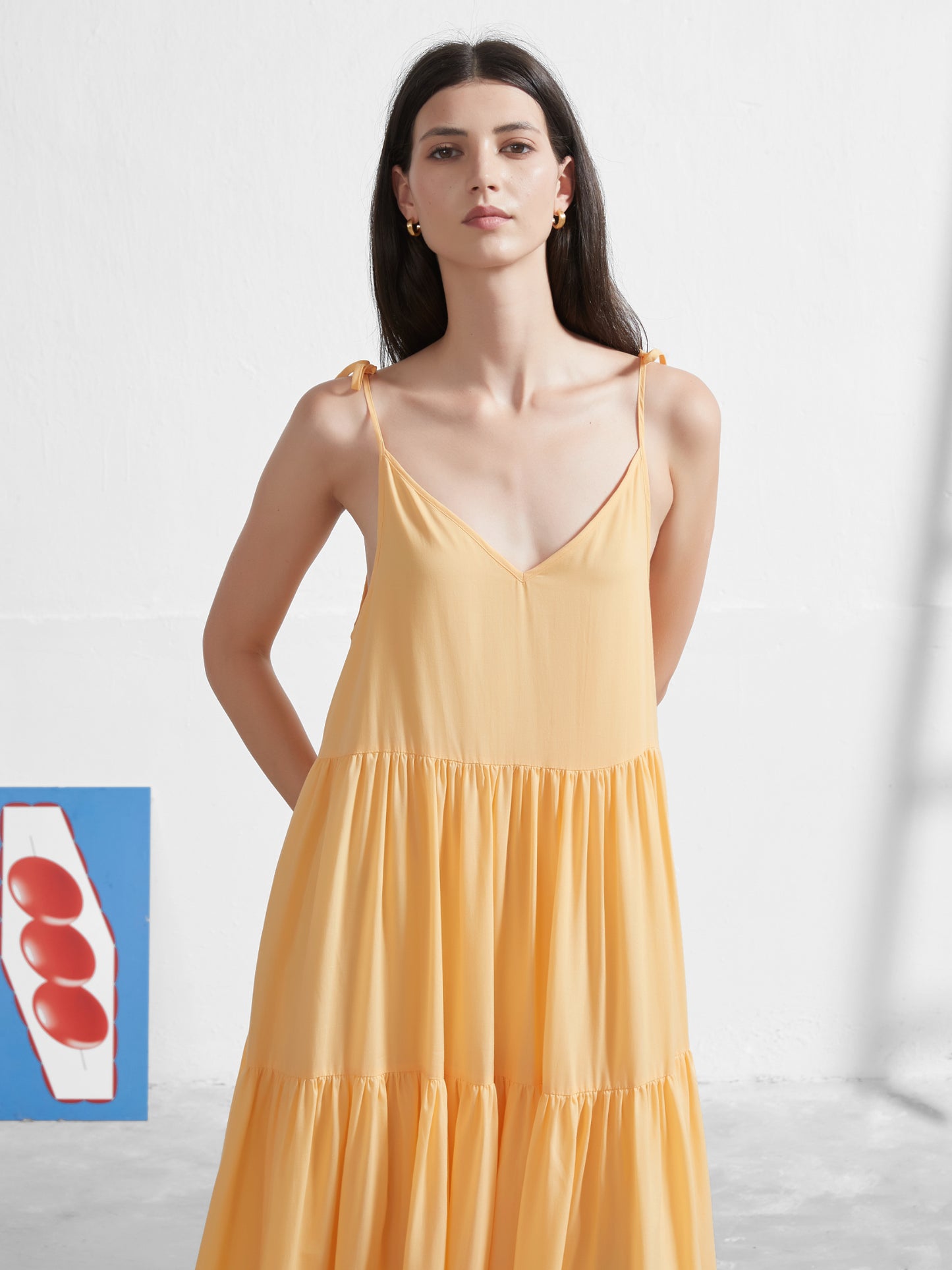 orange sunflower dress 90s Vintage Sunflower Dress: French Viscose Midi, Orange Bodice, Floral Print